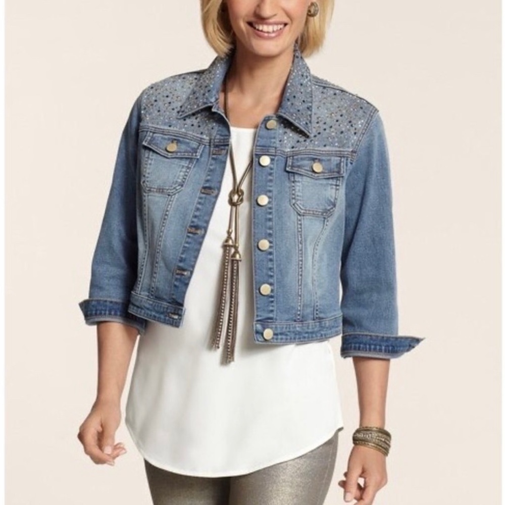 Chico's Platinum Dazzle Denim embellished rhinestones crop jean Jacket size 1